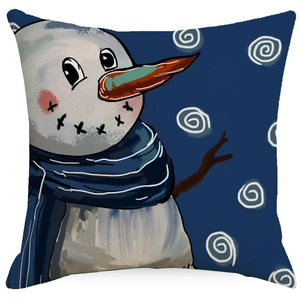 Christmas snowman pillow cover with hand-drawn illustration on blue linen fabric