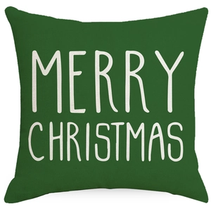 Green Christmas linen pillowcase with white Merry Christmas lettering for home decor