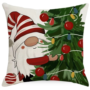 Square Christmas linen pillow case featuring a Swedish Gnome and decorated Xmas tree