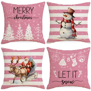 Christmas Pink White Decorative Pillowcase Polyester Printed Santa Claus Snowman Xmas Tree Cushion Cover For Sofa Living Room Decor