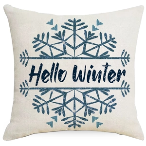 Linen Christmas pillow case with blue snowflake design and Hello Winter print
