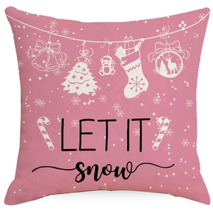 Pink linen Christmas pillowcase with Let It Snow text and festive white linear illustrations