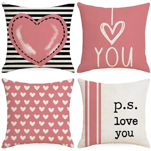 Valentine's Day Pink Heart Printed Polyester Cushion Cover Stripe Pattern Decorative Pillowcase For Home Sofa Car Decor