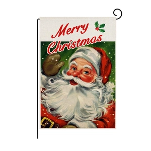 Detail of vintage Santa Claus garden flag made of premium linen with Merry Christmas text