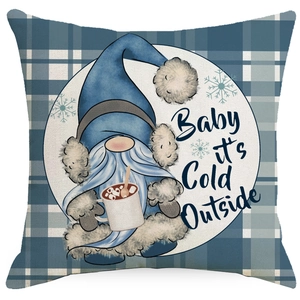 Blue Christmas gnome pillow case with plaid pattern and Baby It's Cold Outside text