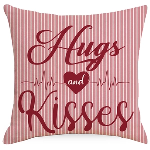 Rosa Valentin Kissenbezug aus Leinen mit roten Streifen und Hugs and Kisses Herz