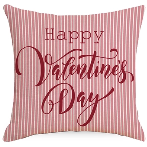 Rosa gestreifter Leinen-Kissenbezug mit Happy Valentine's Day Schriftzug auf weißem Grund