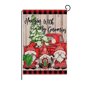 Christmas garden flag with gnomes and red truck on double-sided linen fabric