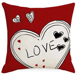 Red Valentine's Day linen pillowcase with white heart and LOVE text design for sofa