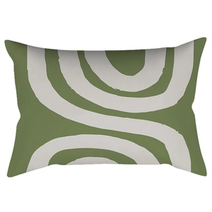 Olive green lumbar pillow with white abstract wave pattern in modern geometric design