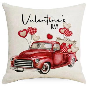 Valentine's Day pillow case featuring a red vintage truck and watercolor hearts print