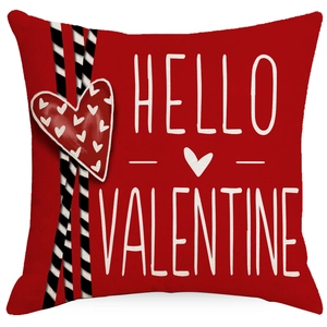 Square red Valentine cushion cover with Hello Valentine text and heart patterns