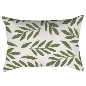 Rectangular lumbar pillow cover with green leaf pattern on cream fabric background