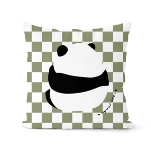 Sage green checkerboard panda throw pillow cover with Lazy Panda graphic print