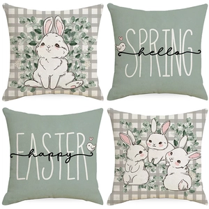 Easter Bunny Rabbit Gingham Polyester Cushion Cover Spring Themed Printed Throw Pillowcase For Home Sofa Office Decor