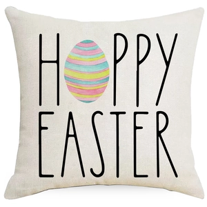 Linen Easter pillow cover with Happy Easter lettering and colorful striped egg graphic