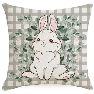 Linen Easter pillowcase featuring a cute white rabbit and eucalyptus on gingham fabric
