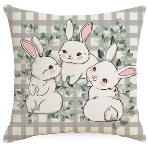 Linen Easter pillow cover with gray plaid pattern and three watercolor bunnies