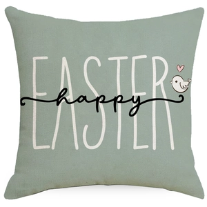 Green linen Easter cushion cover featuring happy EASTER text and bird illustration