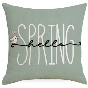 Spring theme linen pillowcase in sage green with SPRING hello text and bird print