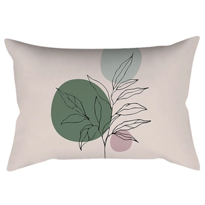Pink rectangular pillowcase with green abstract botanical leaves and geometric patterns