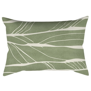 Sage green rectangular lumbar pillow cover with white leaf vein patterns and soft texture