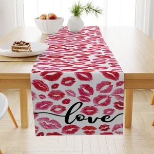 Linen table runner with red lip prints and love script for Valentine's Day decor
