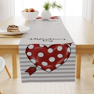 Grey striped linen table runner with red heart and cupid arrow for Valentine's Day decor