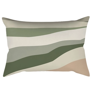 Rectangular lumbar pillow cover with green abstract waves and forest leaf patterns