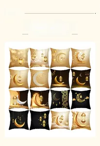 Detaillierte Auswahl von 16 Ramadan-Kissenbezügen mit goldenem Mond und Sternen auf Schwarz