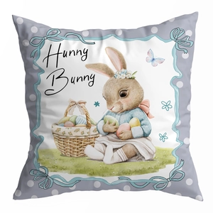Easter bunny peach skin pillowcase with blue shirt rabbit holding eggs and floral basket