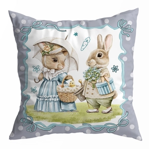 Easter peach skin pillowcase with vintage rabbit illustration and blue ribbon detail