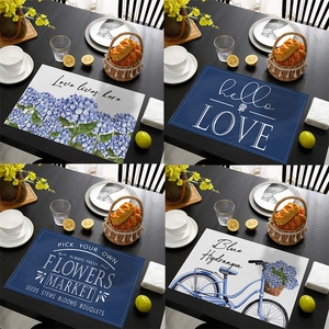 Waterproof cotton linen placemats with vintage floral hydrangea prints and artistic lettering