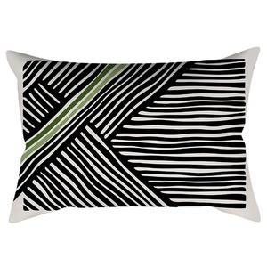 Green and black geometric rectangle lumbar pillow case with Nordic leaf pattern style