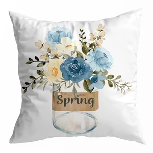 Detail view of spring floral print on white square peach skin fabric pillowcase