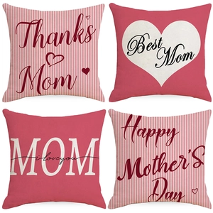 Mother's Day Linen Throw Pillow Cover Pink Striped Heart Pattern Decorative Cushion Case For Sofa Couch Home Decor Gift