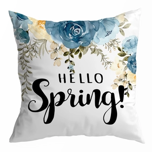 Detailed view of square peach skin pillowcase with watercolor floral and Hello Spring text