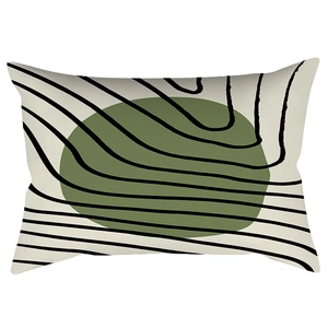 Modern rectangular pillow cover with green oval pattern and black wavy lines