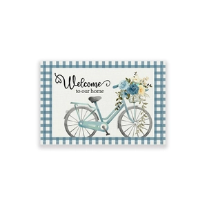 Waterproof linen placemat with vintage bicycle floral print and Welcome to our home text