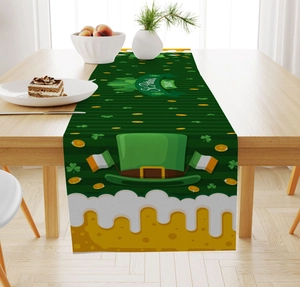 Chemin de table de la Saint-Patrick en lin avec trèfles et chapeau haut de forme vert