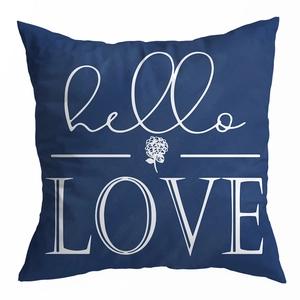 Close-up of peach skin floral pillow cover with hello LOVE text on navy background