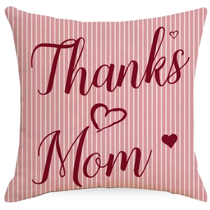 Pink striped square cushion cover with Thanks Mom text and red hearts for Mother's Day