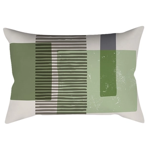 Olive green geometric abstract lumbar pillow cover with modern Nordic leaf patterns