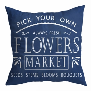Detail of navy blue peach skin pillowcase showing white Flowers Market screen print