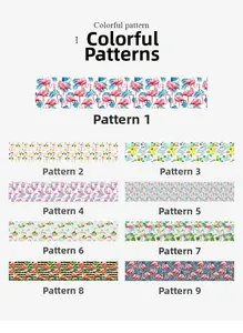 Detail showcasing nine tropical flamingo and palm leaf patterns for linen table runners