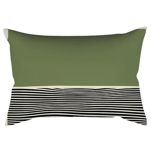 Rectangular lumbar pillow cover with olive green and black-white stripe pattern