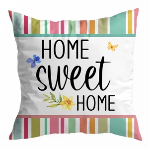 Floral peach skin pillowcase with colorful stripes and Home Sweet Home print for sofa