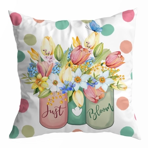 Floral peach skin throw pillow cover with Just Bloom watercolor print for home sofa decor
