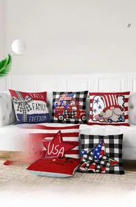 Set of six American Independence Day linen pillow covers with red, white, and blue prints
