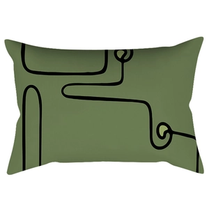 Olive green lumbar pillow cover with black abstract geometric lines on twill fabric